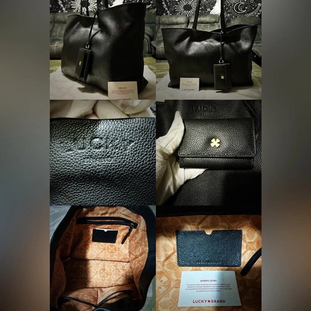 Vintage Y2K Lucky Brand Black soft Leather Tote Bag with keychain wallet laptop - Picture 8 of 17